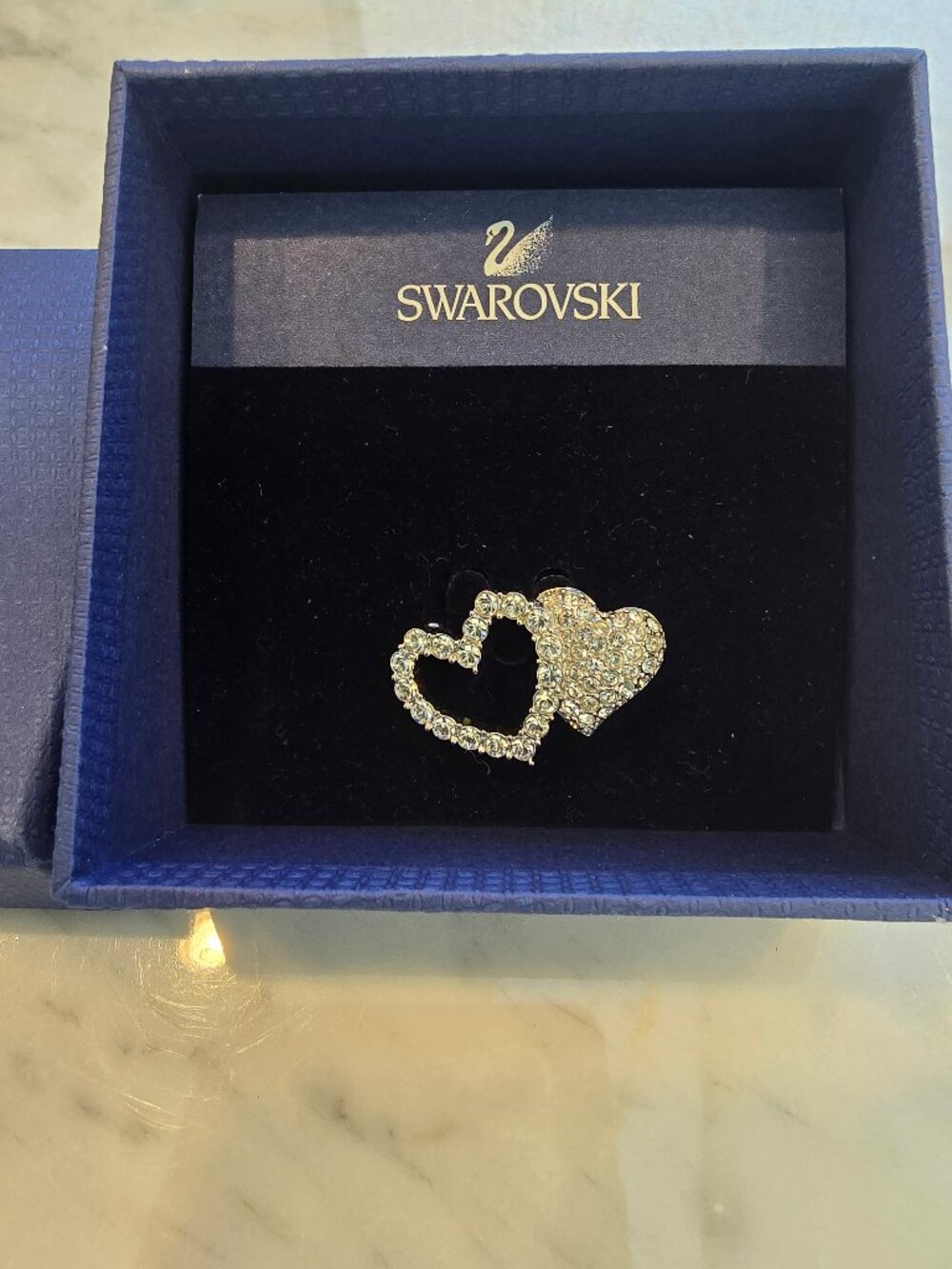 NIB Swarovski Double Heart Crystal Silvertone Brooch